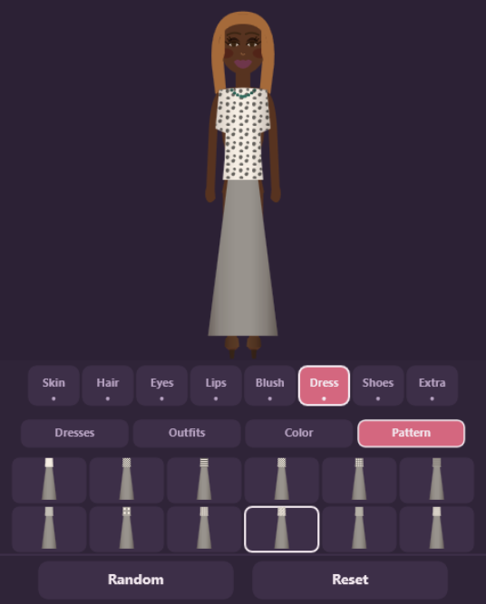 The Beauty Girl figure: a dark-skinned model with long straight caramel hair parted in the middle, plum lipstick and a green beaded necklace, wearing a white cap-sleeved top with a dark polka-dot print over a long grey skirt to the ankles, barefoot. The Dress slot is selected on the rail below her, its group row is switched to Pattern, and the grid shows the same silhouette in twelve prints with the tenth ringed as the chosen one.