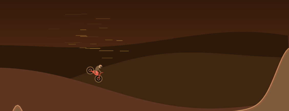 The bike airborne over a dirt hill, leaned back into the start of a backflip with speed streaks trailing behind.