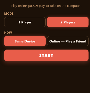 The chess setup panel with 2 Players and Same Device selected, ready to start a pass-and-play game on one device.