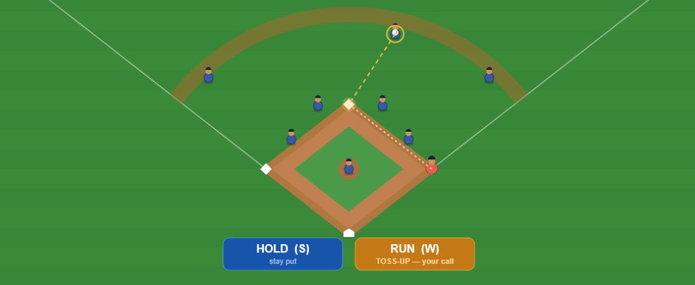 The Diamond Duel infield with the yellow throw line running to second base and the runner holding at first, deciding whether to go.