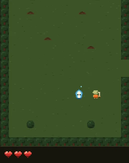 Frank the goblin with his sword in a forest room, facing a blue flame creature beside him, with four dirt mounds across the top of the room, two bushes near the bottom and three full hearts in the bar.