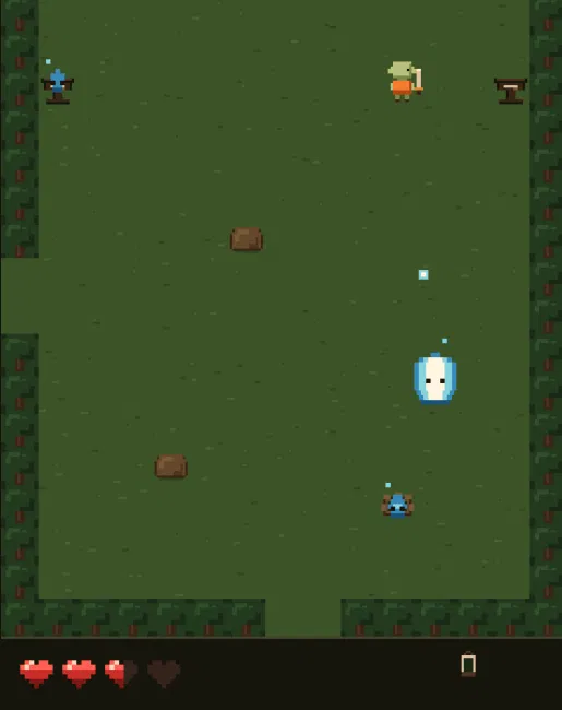 Frank at the top of a forest room beside an unlit chalice, with a second chalice burning blue at the far left, a large blue flame creature and a small one below him, two rocks, two and a half of four hearts and the lantern in the bar.