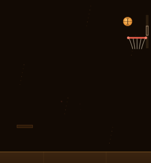 The basketball in flight at the top of its arc, dropping toward the coral rim and net on the right of the Hoop Click court.