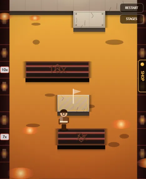 Keyboard Escape mid-stage in the volcano world, on an island stage with no floor: the character stands on a short 7x belt directly under a bolted pale plate with the checkpoint flag planted on it, a 10x belt floats further up the room with molten pools glowing in the drop around it, and a second bolted plate sits against the grey far wall at the top, beside the RESTART and STAGES chips, with the SHOP tab down the right edge.