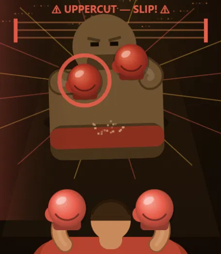 The Big Bull fight in first person, with an on-screen uppercut warning and the incoming glove circled on the left side of the screen.
