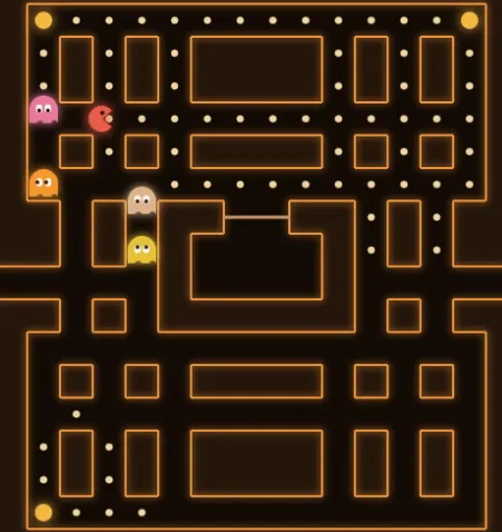The Maze Muncher board mid-game, with the player in a cleared corridor and all four ghosts closing in from nearby lanes.