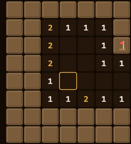 A Minesweeper board with a flag placed next to a numbered square, marking a deduced bomb position.