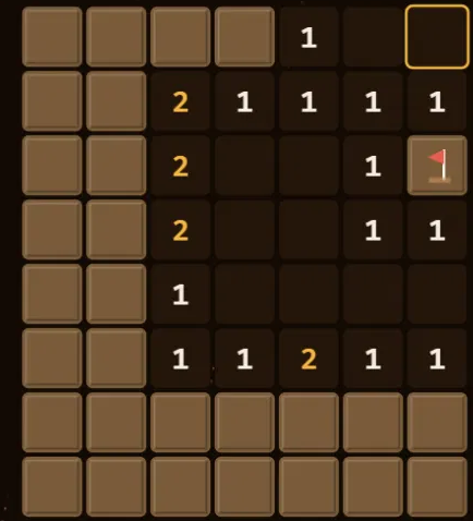 The same Minesweeper board after the safe squares around the flag have been clicked, revealing more of the grid.