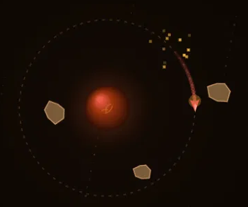 Orbit Drift in the site's warm palette: the coral craft on its orbit ring around a glowing planet, sparks trailing from an ember it just caught, with sandstone asteroids drifting in.