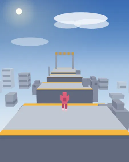 The Tricky Jumps level in daylight, with the player standing at the edge of a rooftop facing a stack of platforms ahead.