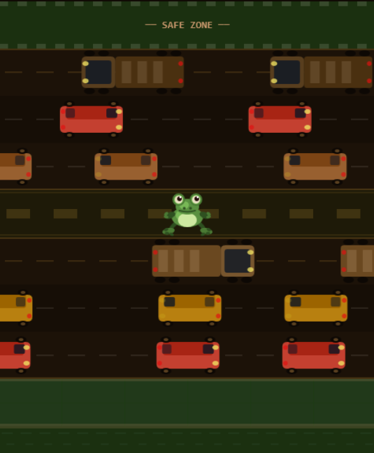The frog paused on the grass median in Road Hop, with lanes of brown and red cars closing from both sides and the safe zone banner across the top.