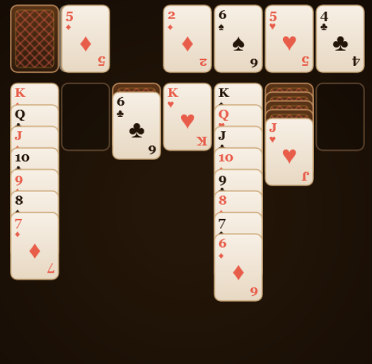 A Klondike tableau mid-game, with descending stacks of red and black cards, face-down piles still hidden underneath, and the stock and foundation rows across the top.