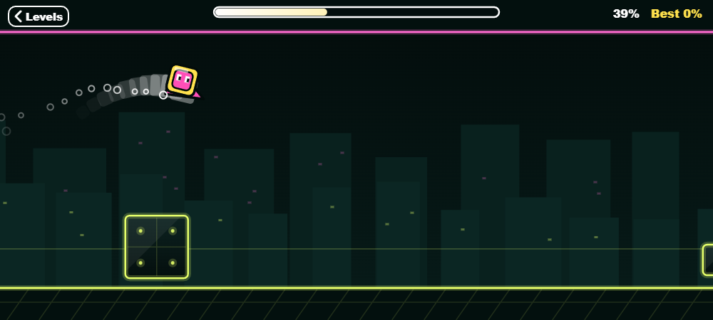Spikebeat cube flying the ship between moving blocks in Neon Night