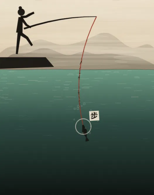 A Crane Step fight in Ten Tonne Fisher: the fisherman leans forward on the bank with the rod bent, the line running down into the water turned orange and frayed, and at the fish a pale ring with a small paper seal reading the step glyph beside it, with bubbles rising off the fish's body.
