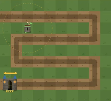The Tower Defense grid with an archer tower placed on grass beside a bend in the enemy path, its circular range covering a long stretch of the route back to the keep.