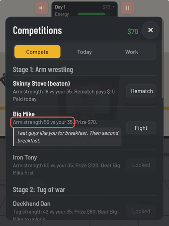 Competition board showing Big Mike's arm strength of 55 next to the player's 35