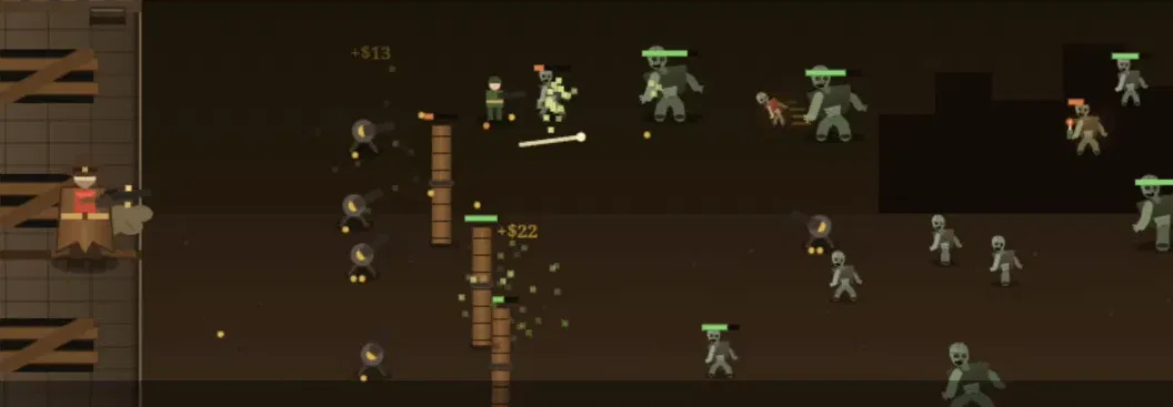 The Zombie Defense battlefield in landscape, with the base on the left and a wave of zombies advancing from the right past placed defences.